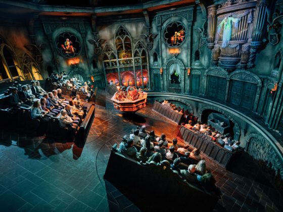 Danse Macabre from the inside in full show mode. Tilted stage, rotating gondolas.